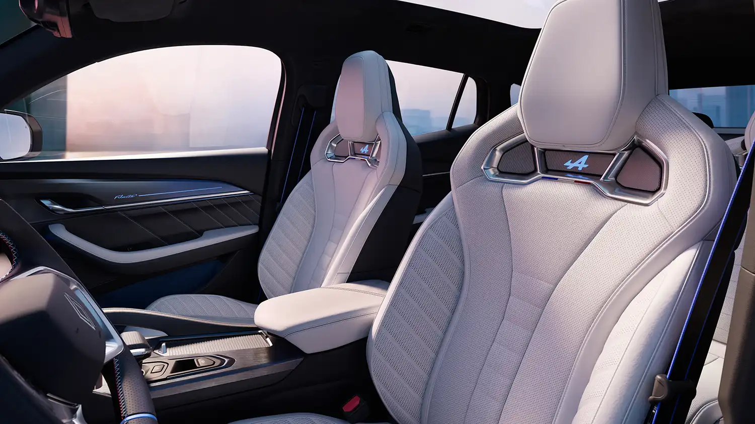 Rear passenger compartment of the Renault Filante showing the "Lounge" seats with padded headrests, ample legroom, and ambient LED lighting.