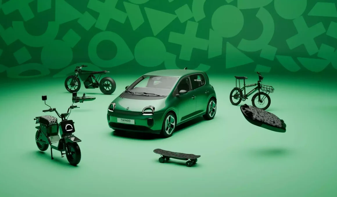 Side view of the green Renault Twingo E-Tech surrounded by electric bikes, scooters, and lifestyle objects.