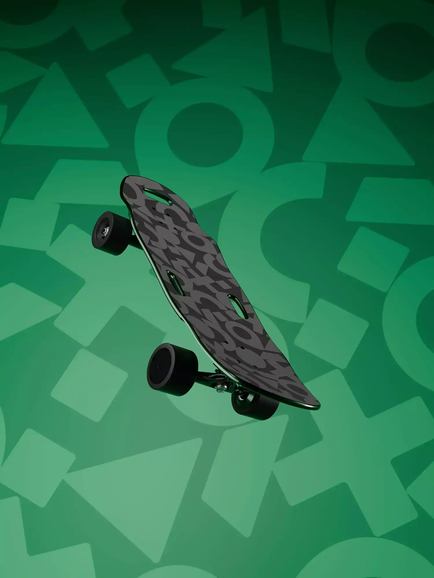 Top-down view of the Twingo Elwing electric cruiser skateboard with a geometric deck pattern.