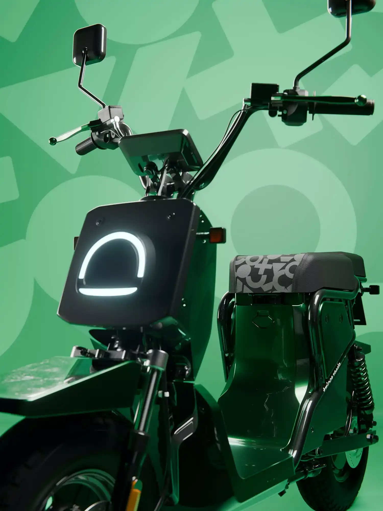 Front close-up of the green Twingo Vässla electric scooter with a minimalist design.