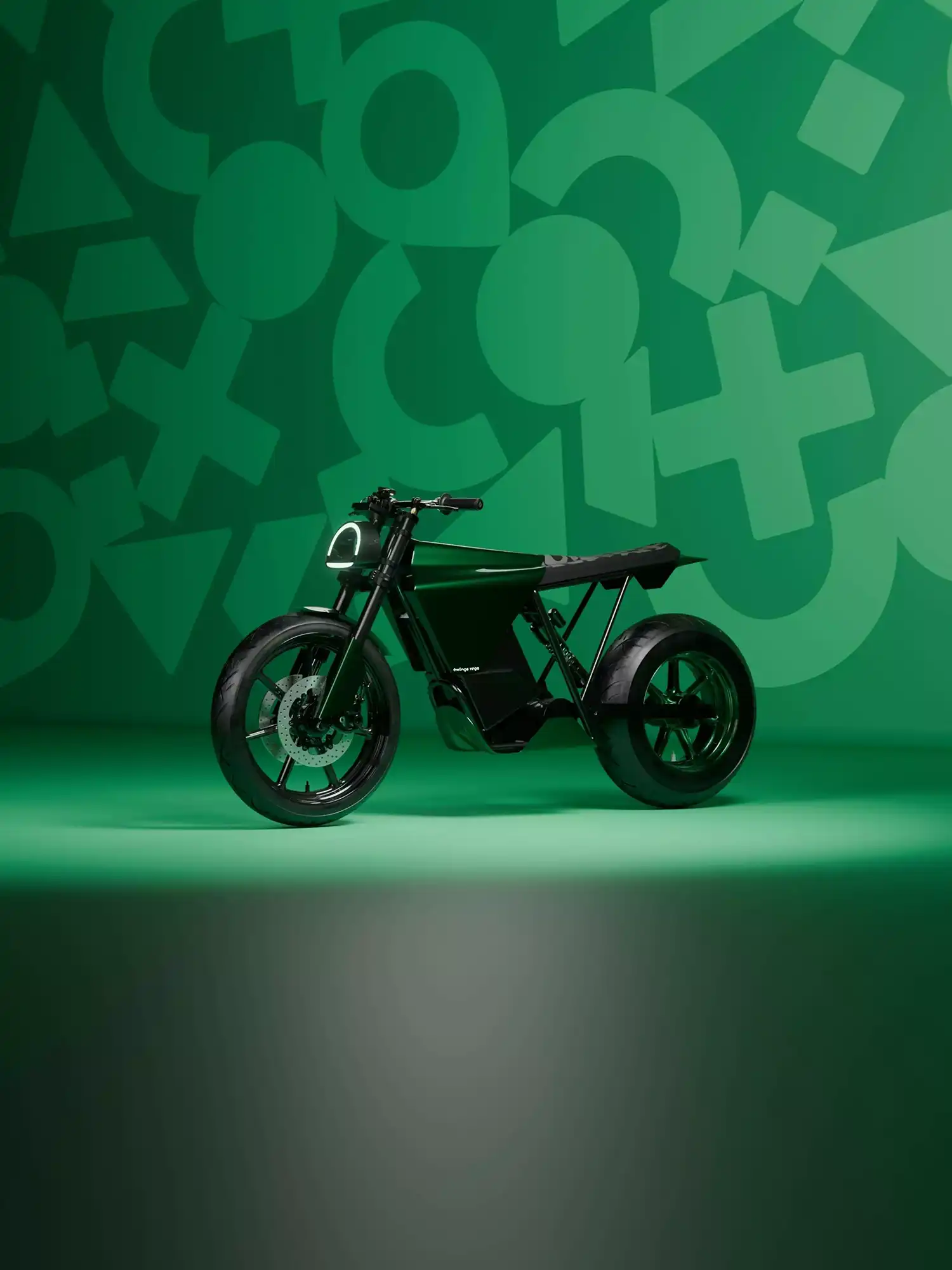 Profile of the Twingo Vega electric motorcycle in metallic green and black.