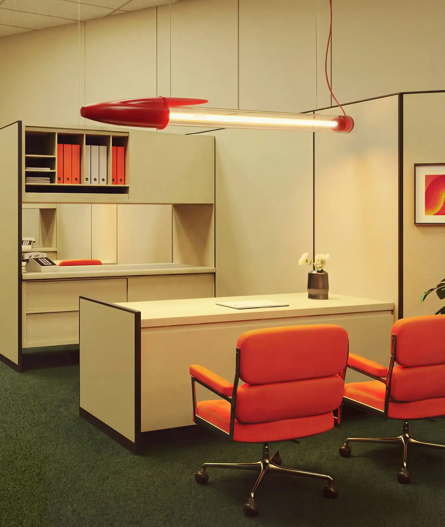 A red Bic Cristal pendant lamp hanging above a retro 1970s-style office desk with orange chairs.
