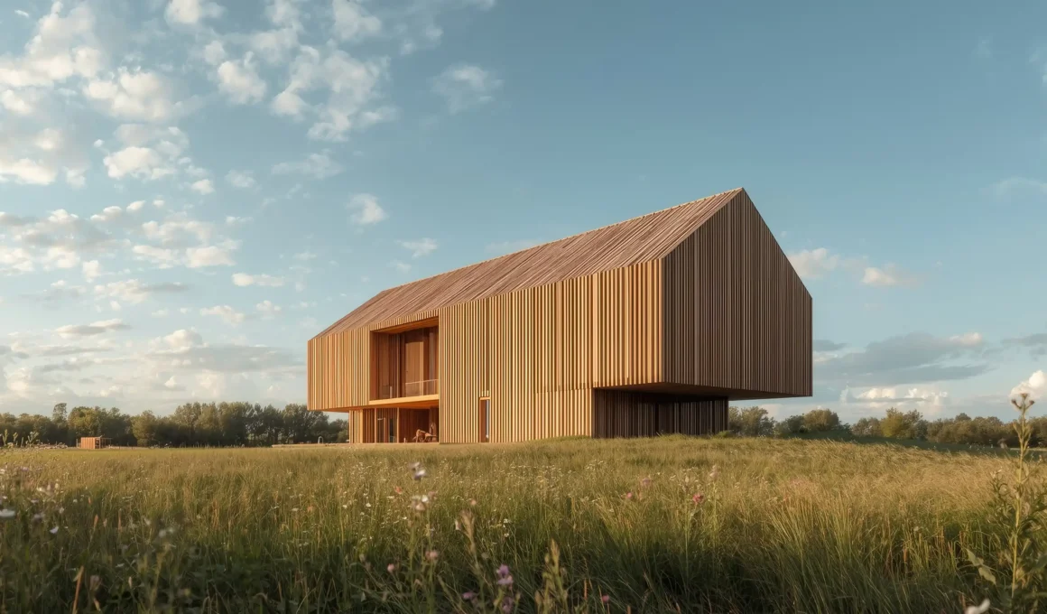 Sustainable wooden architecture showcasing vertical timber cladding in a natural meadow.