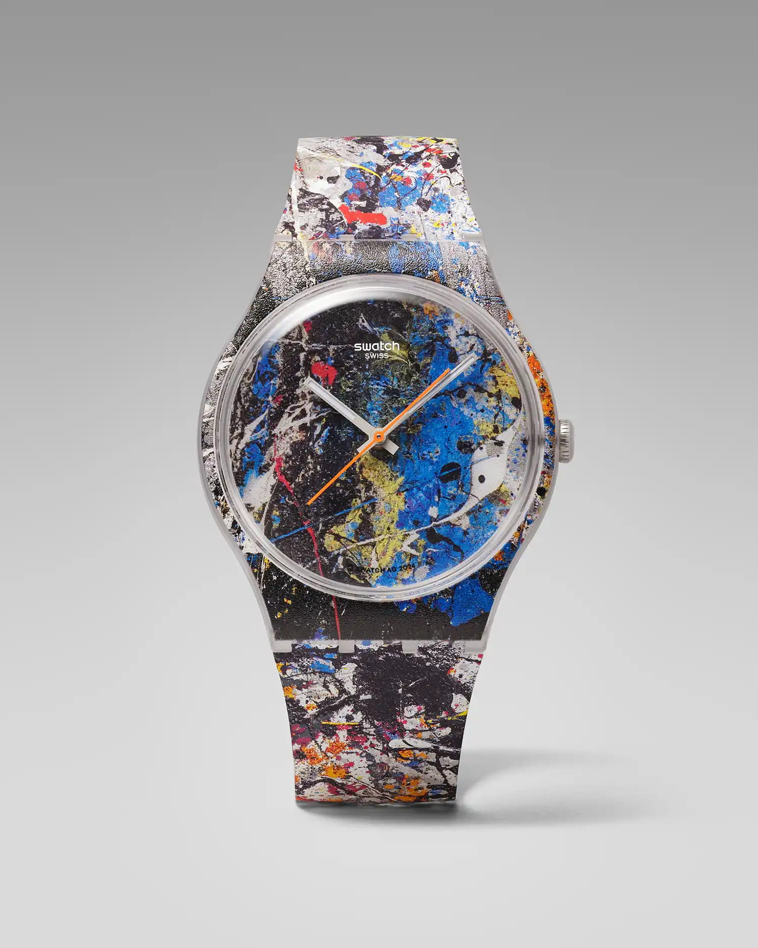Close-up of the Swatch Pollock’s Alchemy watch featuring a complex drip-paint dial.