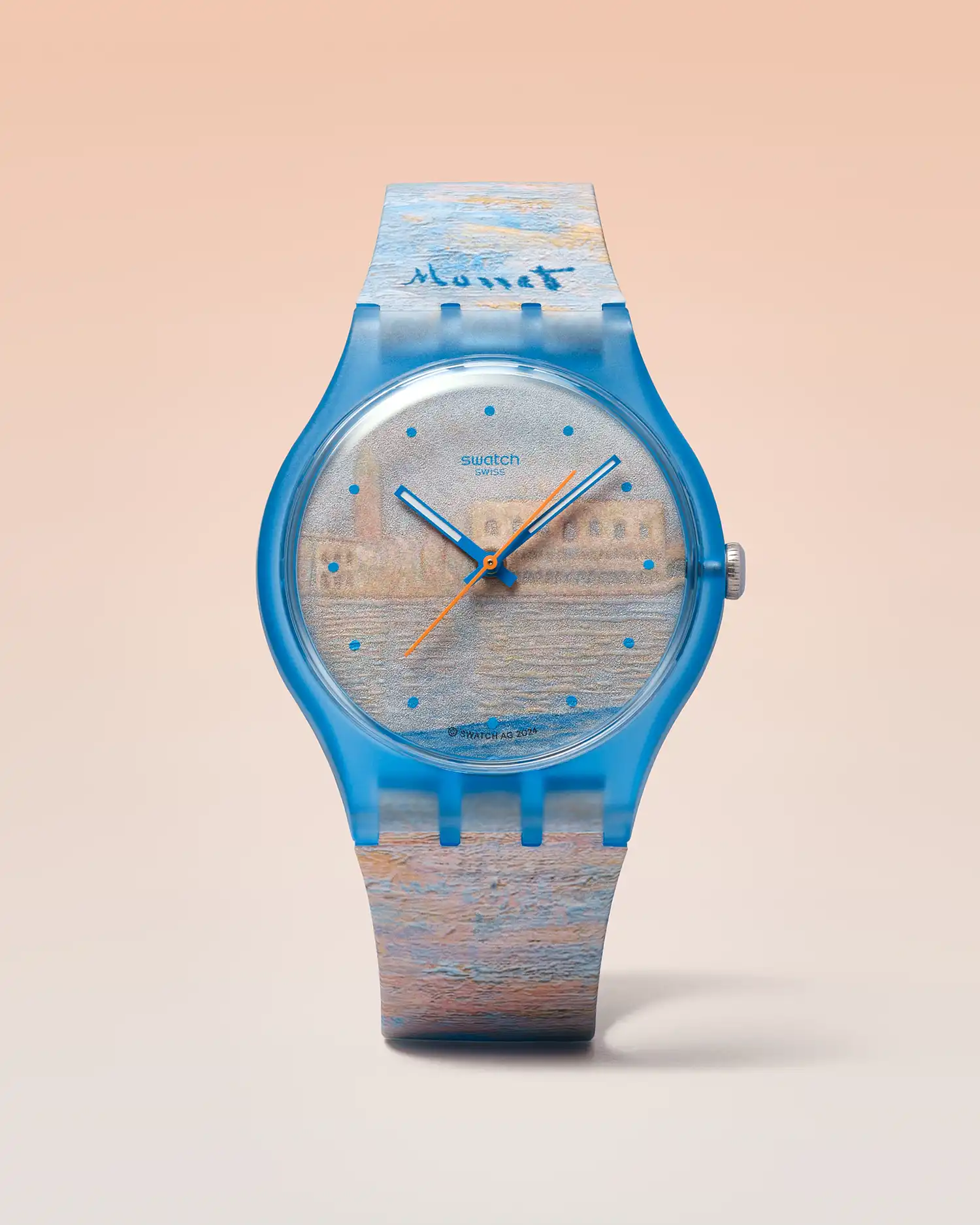 Frontal view of the blue Monet’s Palazzo Ducale Swatch watch.