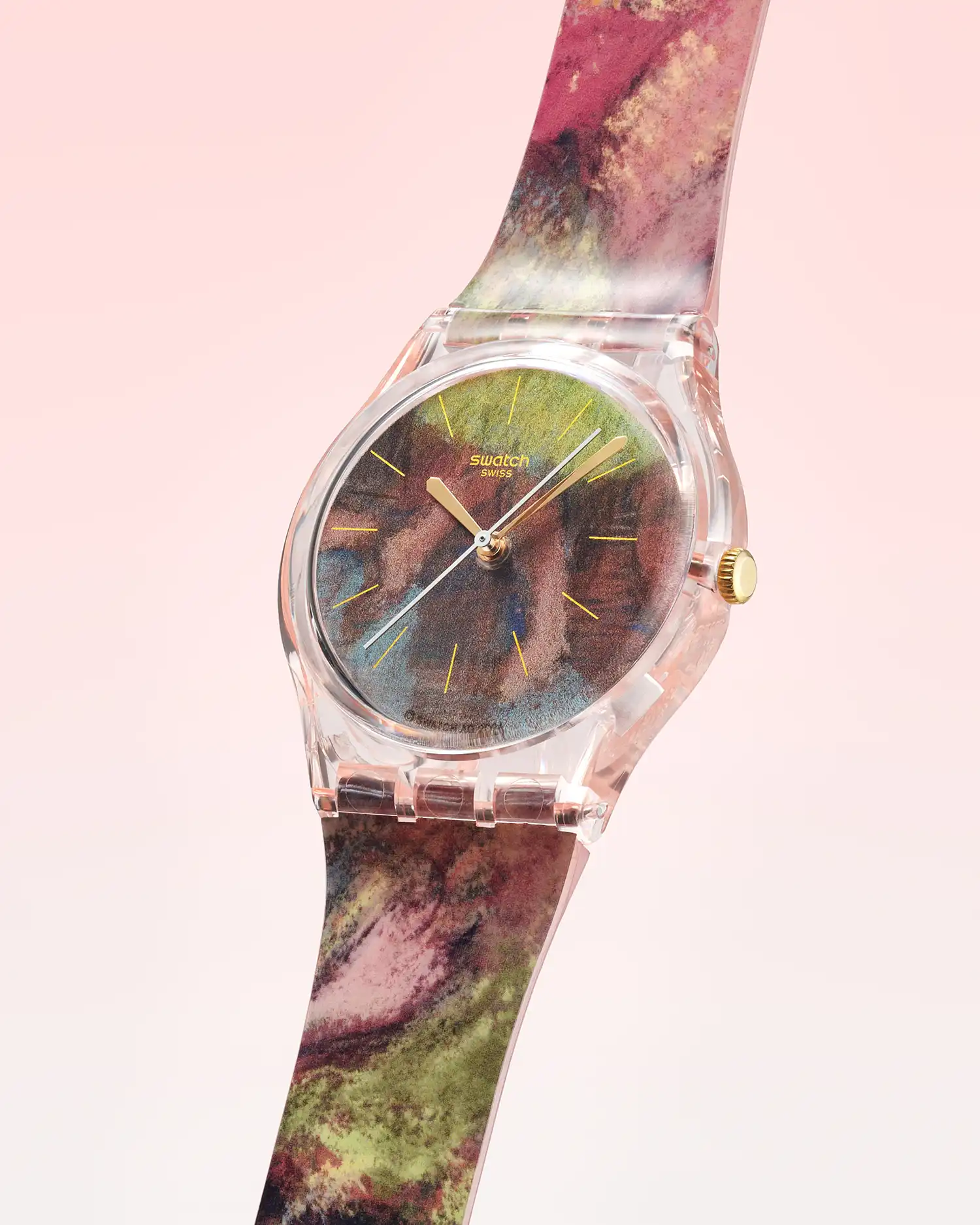 Close-up of the Degas’s Dancers Swatch watch in pink and green.