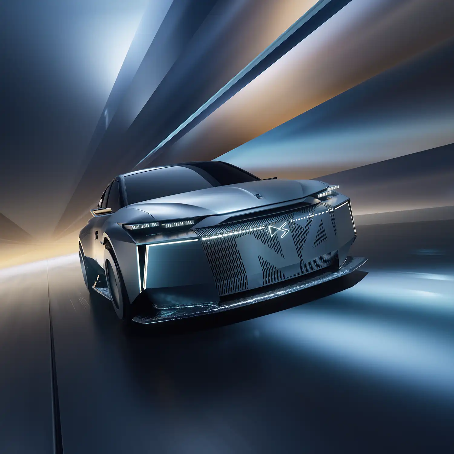 Close-up of DS N°4 Concept digital grille and pixelated LED headlamps.