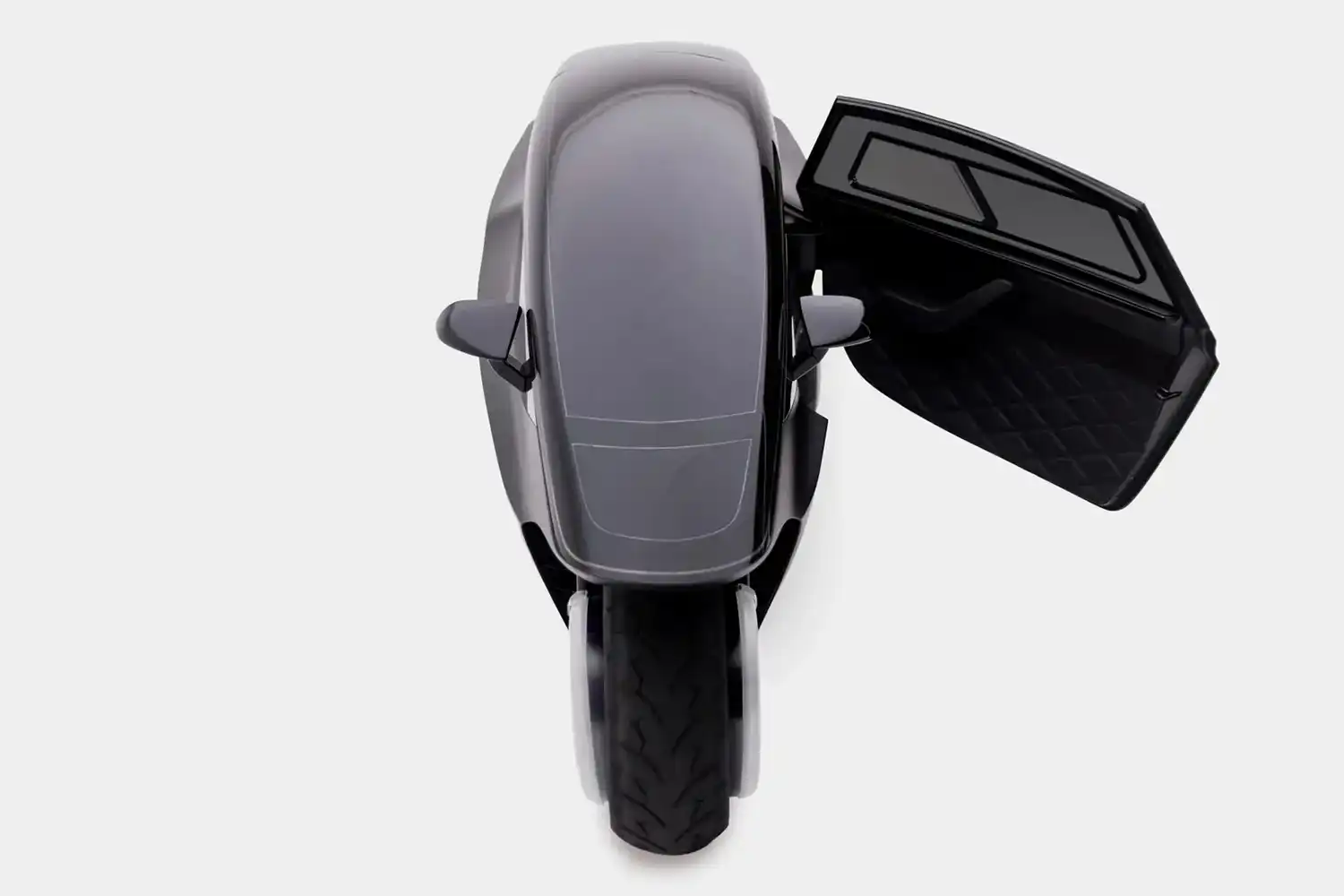 Top-down view of the black Trinity vehicle with the passenger door extended upwards.