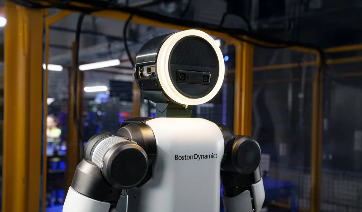 A high-end minimalist interior featuring a sophisticated humanoid robot, illustrating the integration of artificial intelligence in modern domestic architecture.