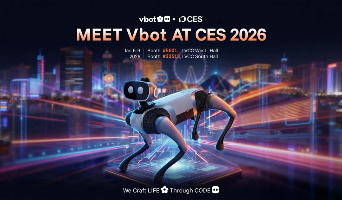 : Vbot SuperDog intelligent companion robot global debut at CES 2026, featuring sleek physical AI design and lifelike motion.