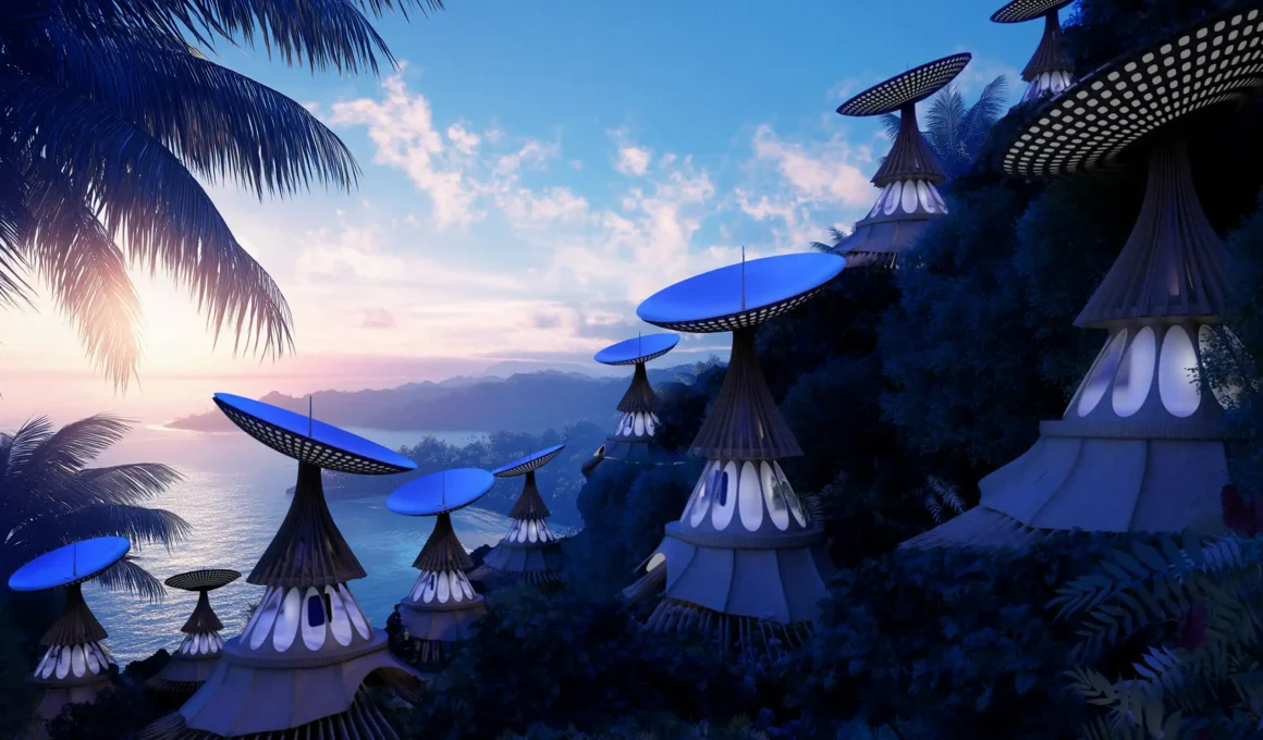 A night view of several FIJI SOLAR CROWN modules with glowing undersides and blue-tinted mirror crowns perched on a dark, forested hillside overlooking the sea in Fiji.