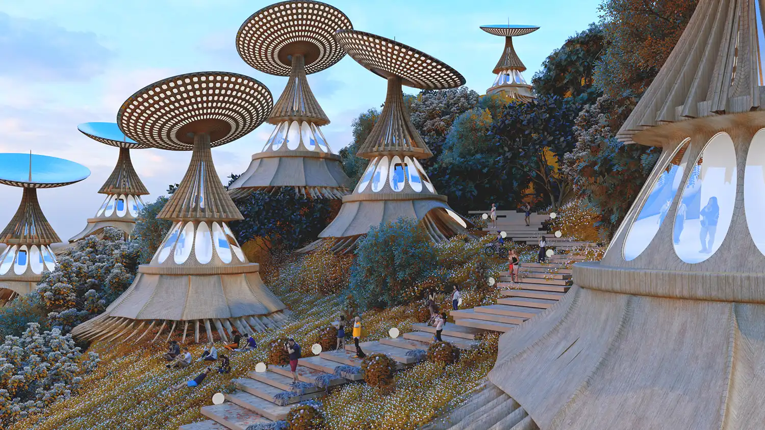 Exterior day view of multiple organic, wooden FIJI SOLAR CROWN modules on a grassy slope with people walking up concrete stairs and sitting on the grass.