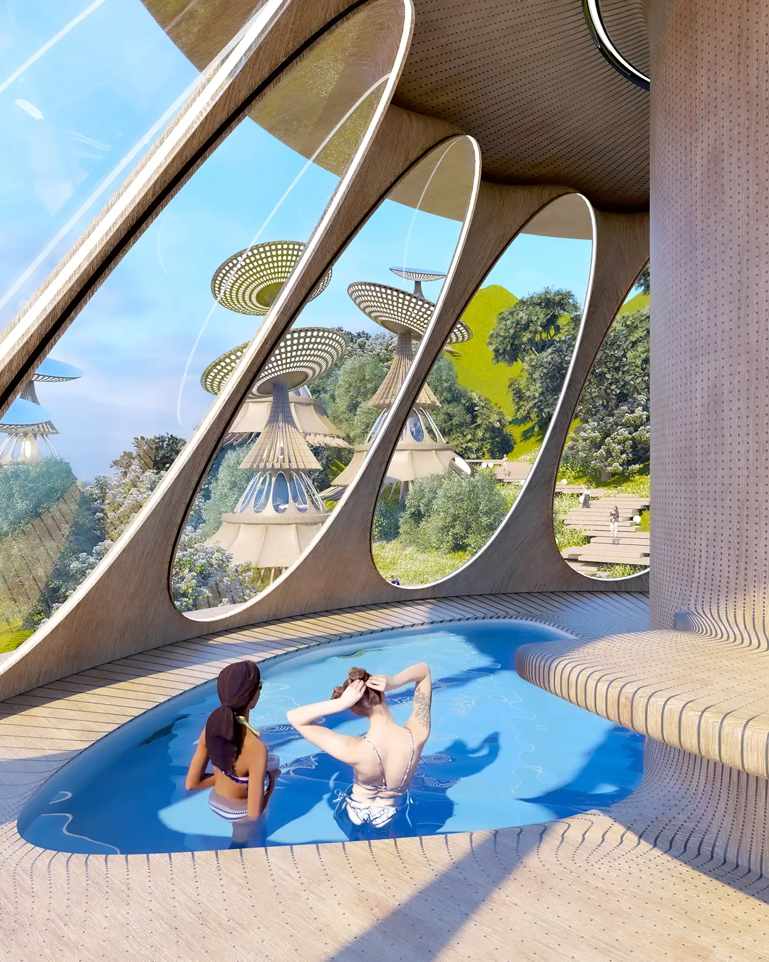 Interior view of a Fiji Solar Crown module with a small, curved indoor swimming pool and floor-to-ceiling windows showing a green hill and other modules.