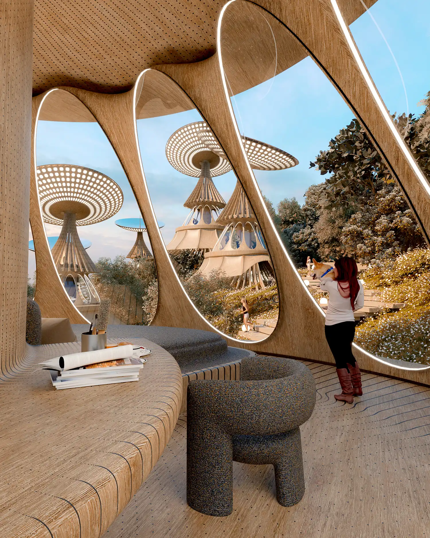 Interior view of a module showing a curved wooden desk, organic seating, and large windows looking out at other solar modules on a hillside.