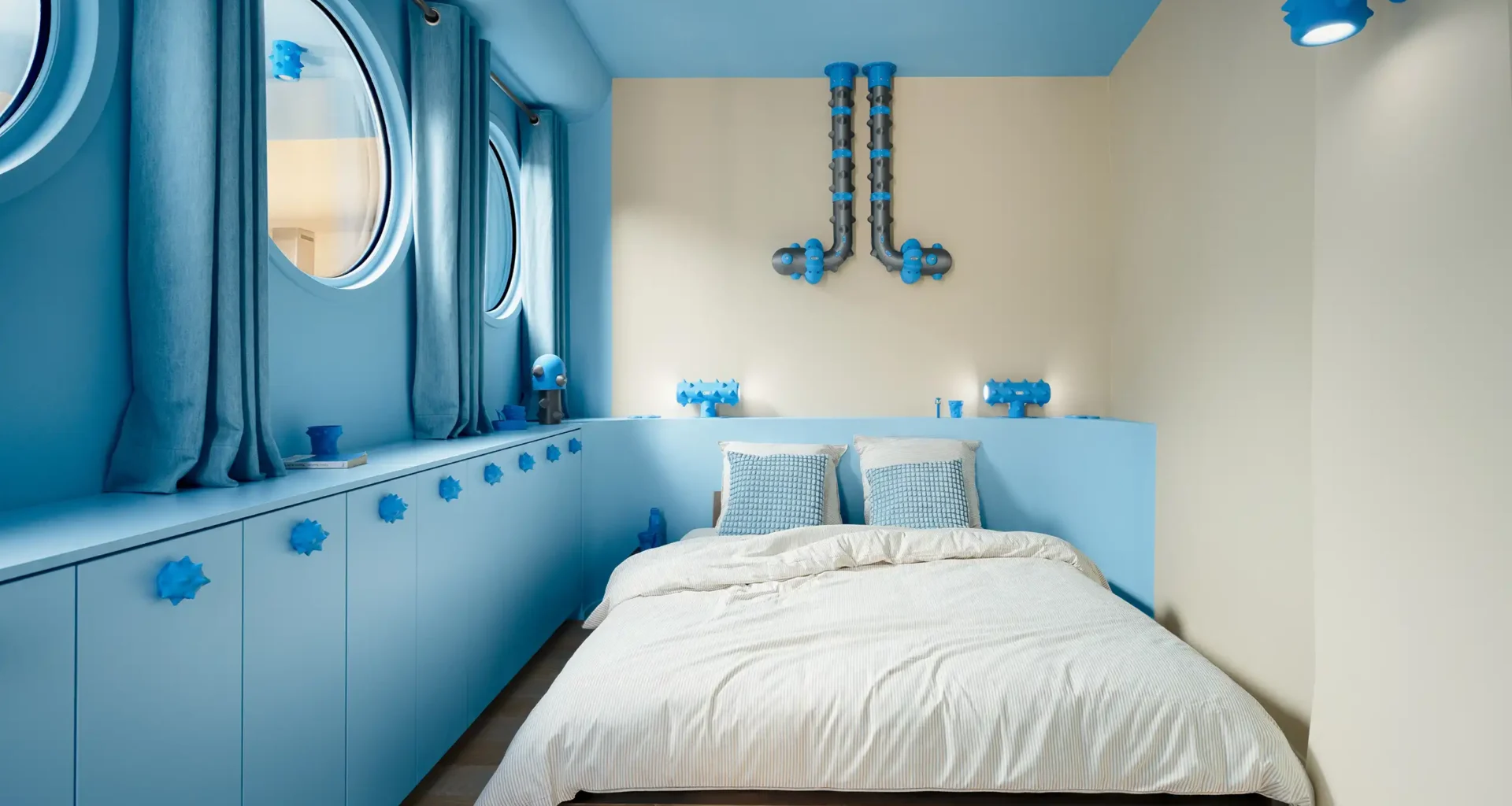 The bedroom serves as a subaquatic retreat, featuring porthole windows and industrial-inspired blue piping.
