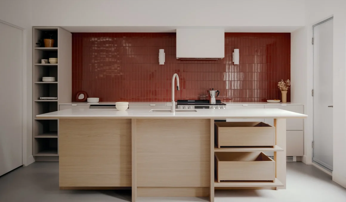 Modern Canadian kitchen featuring a modular wooden island and a vibrant red tile backsplash by APPAREIL Architecture, illustrating adaptive interior design for urban relocation.
