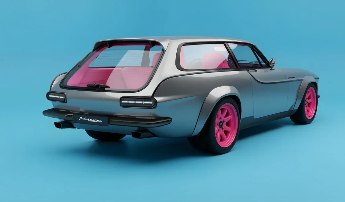 Rear three-quarter view of a silver Volvo P1800 ES restomod with vibrant pink wheels and interior on a blue background.