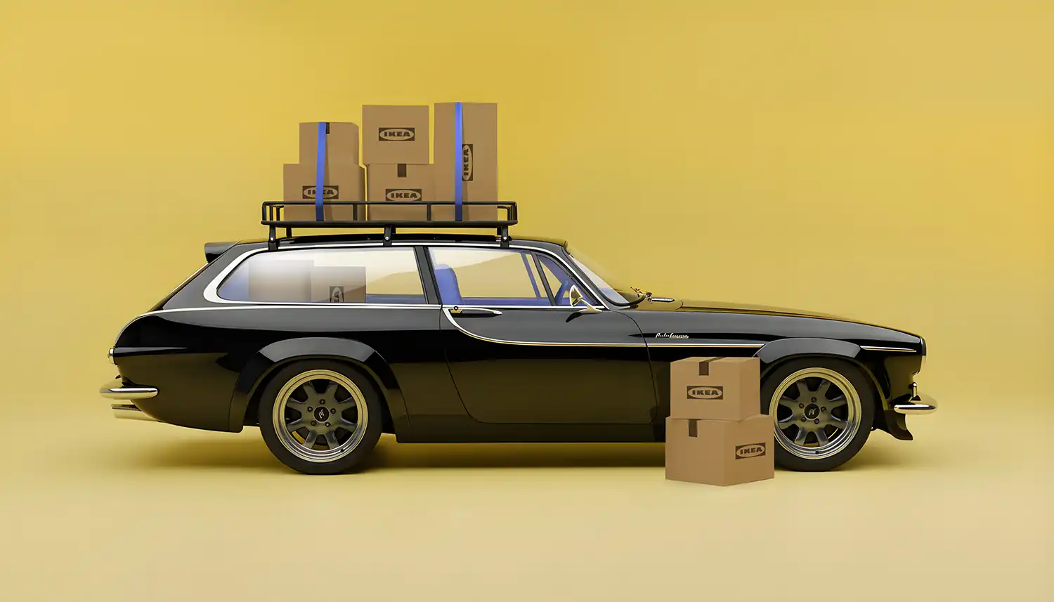 Side profile of a black Volvo P1800 ES restomod with a roof rack and IKEA boxes against a yellow background.