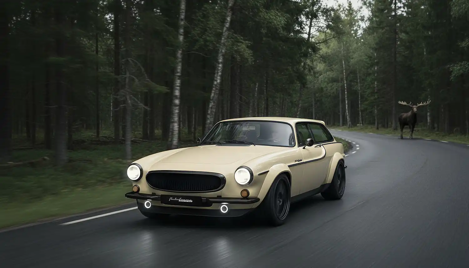 Front view of a cream-colored Volvo P1800 ES driving on a misty forest road with a moose in the background.
