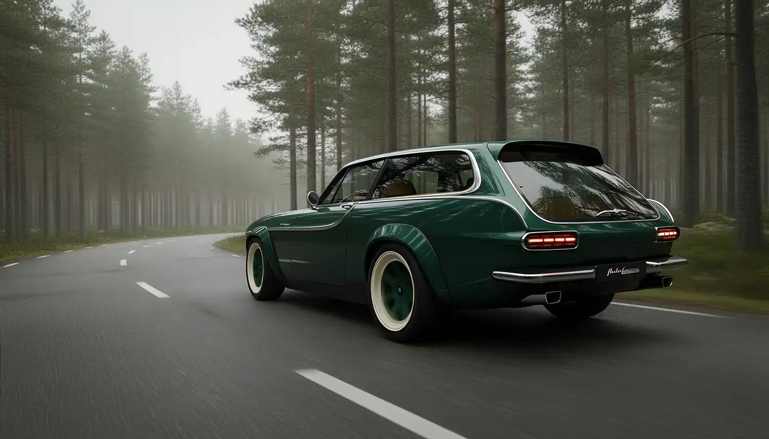 Rear view of a dark green Volvo P1800 ES restomod with white wheels driving through a foggy pine forest.