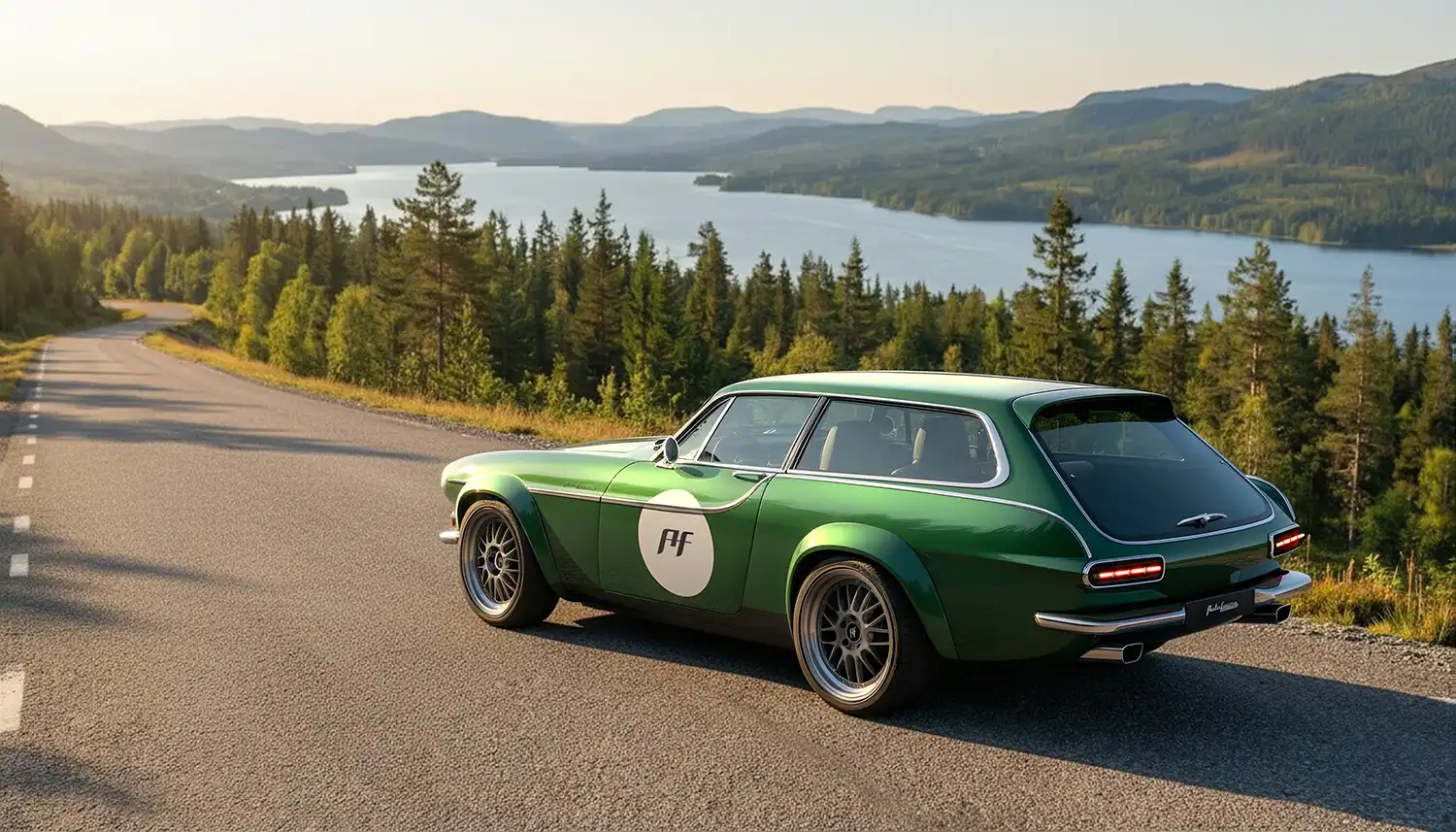 Side view of a green Volvo P1800 ES with a racing number decal parked on a mountain road overlooking a lake.