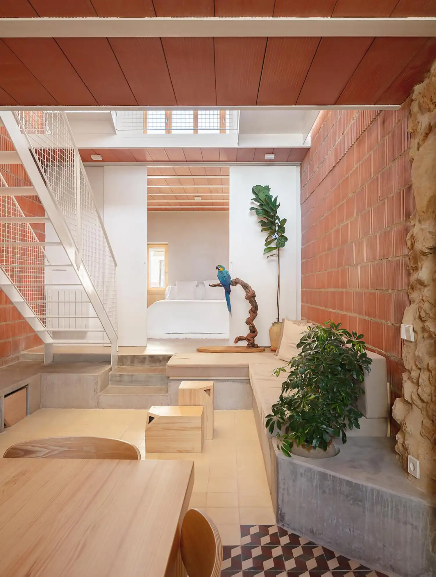 Open-plan living area with a white staircase, red ceramic walls, and a colorful parrot on a perch.