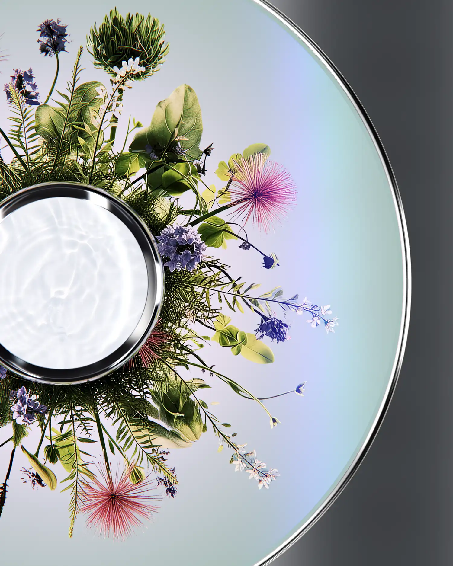 Top-down view of the Garden AI device in full bloom with pink and purple digital flora.