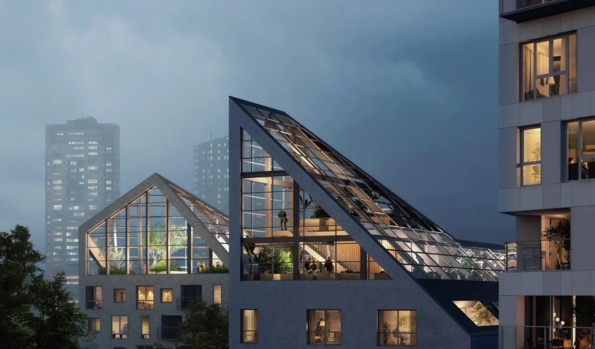 Modern building construction site showing complex glass structural framework and material specifications.