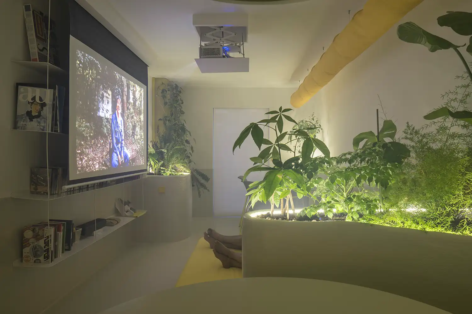 Interior evening view of a studio with a projector screen, illuminated plants, and a yellow ceiling duct.