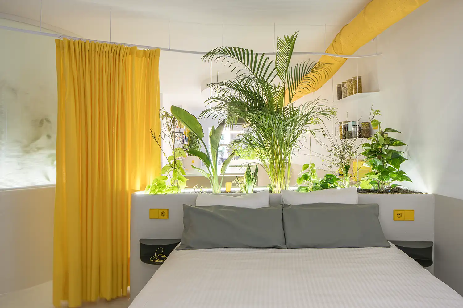 Minimalist bedroom with a built-in plant headboard and a bright yellow privacy curtain.