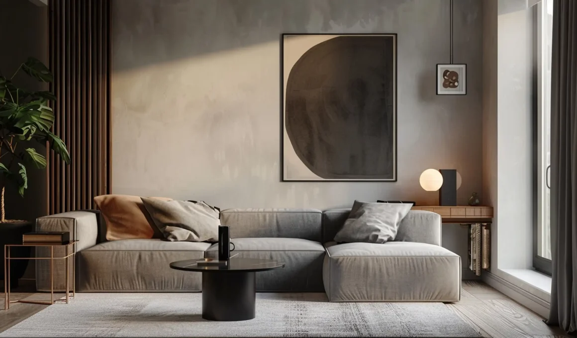 Modern living room in the Denver metro area featuring a textured gray decorative plaster accent wall behind a light gray sectional sofa.