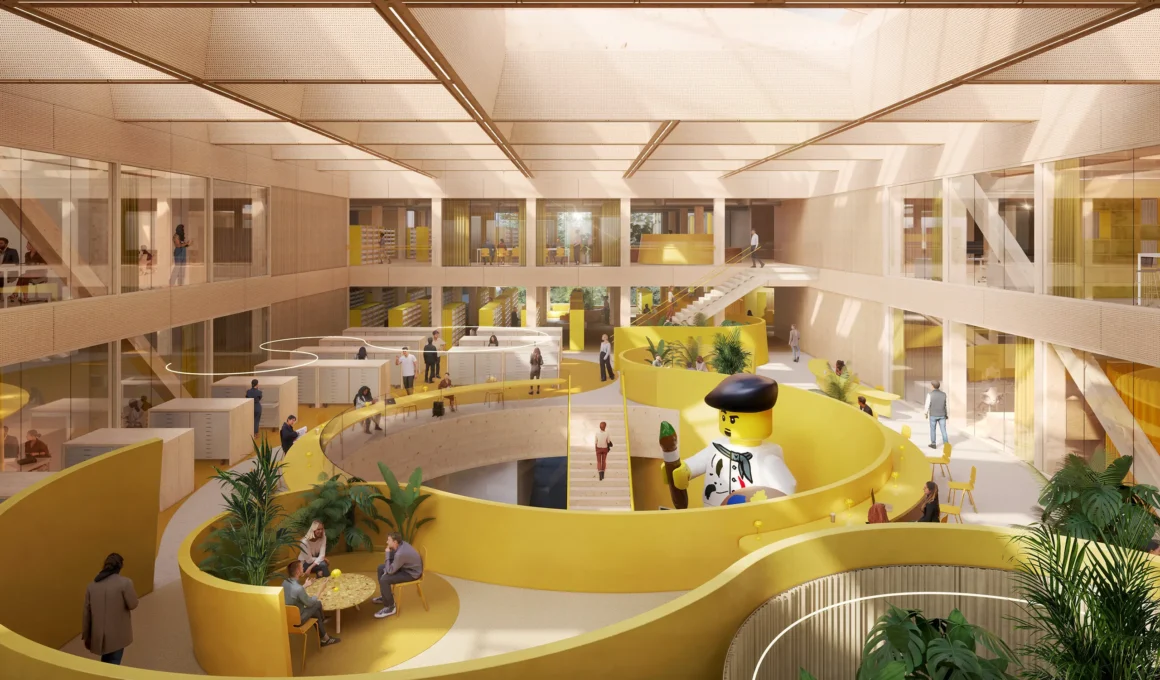Rendering of the LEGO Innovation Campus brick library featuring a large yellow spiral ramp and giant LEGO Minifigure.