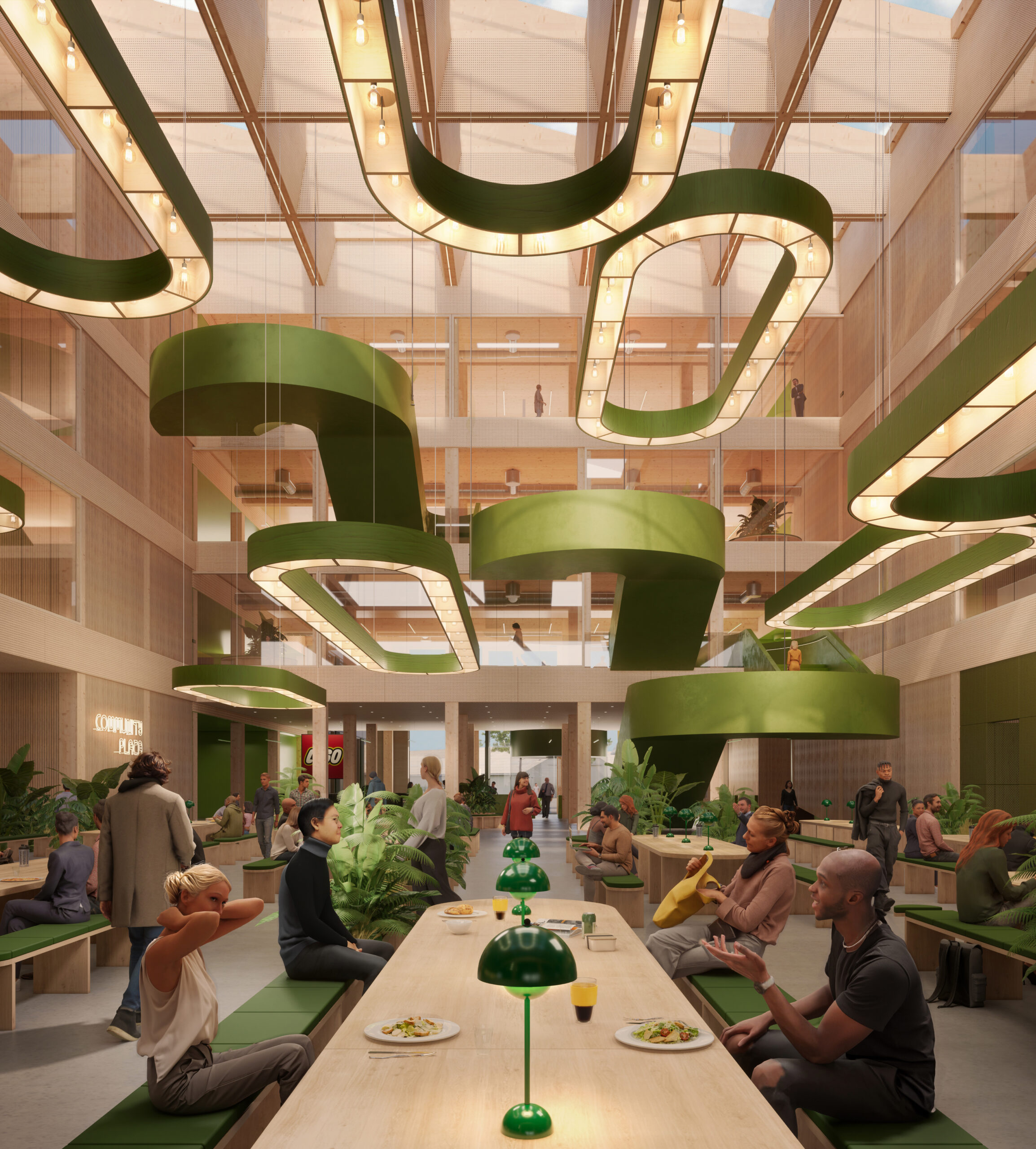 Rendering of the LEGO Innovation Campus community dining space featuring timber architecture, long communal tables with green cushions, and a large green LEGO-brick-inspired hanging installation.