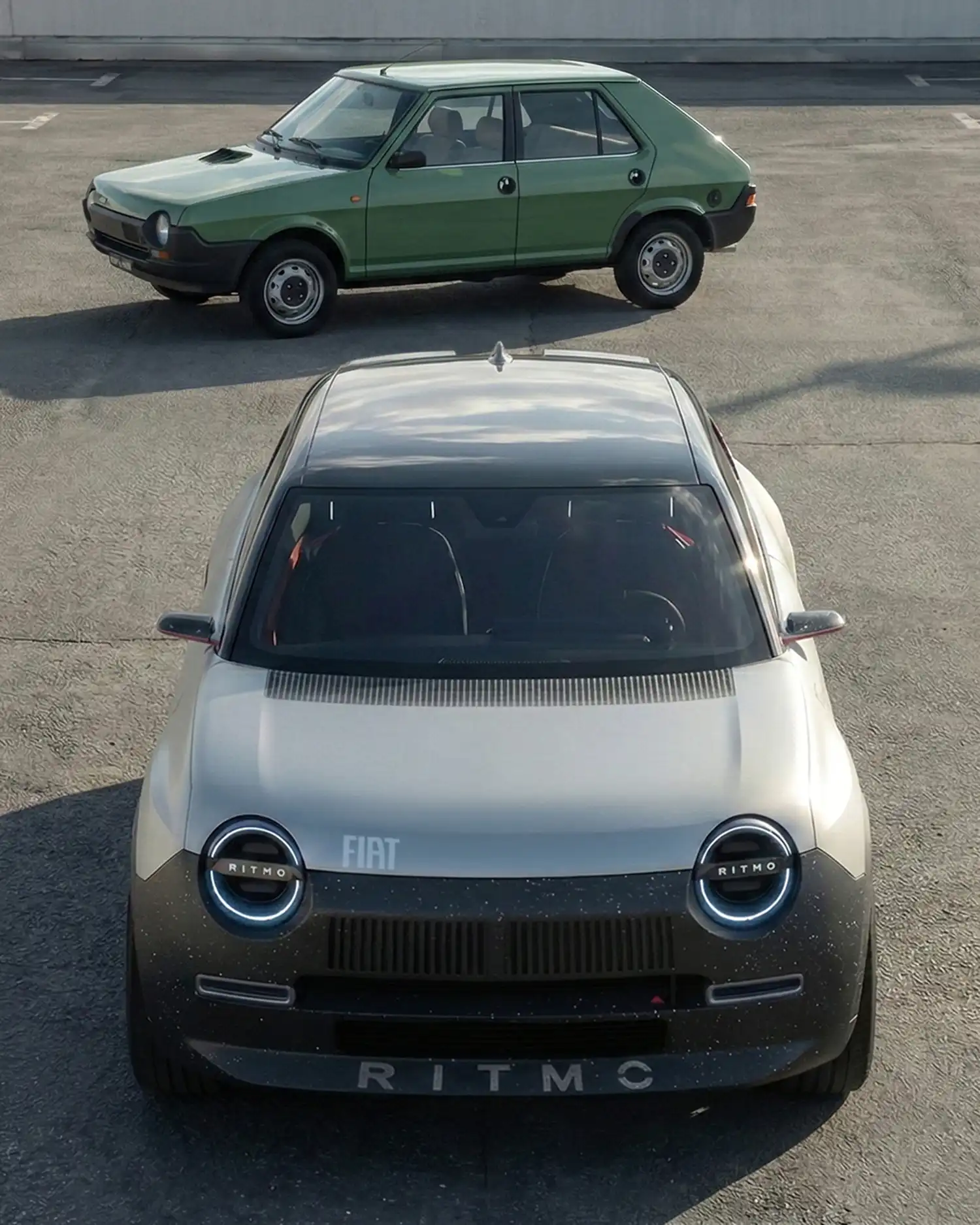 Direct front comparison between original green Fiat Ritmo and modern silver concept