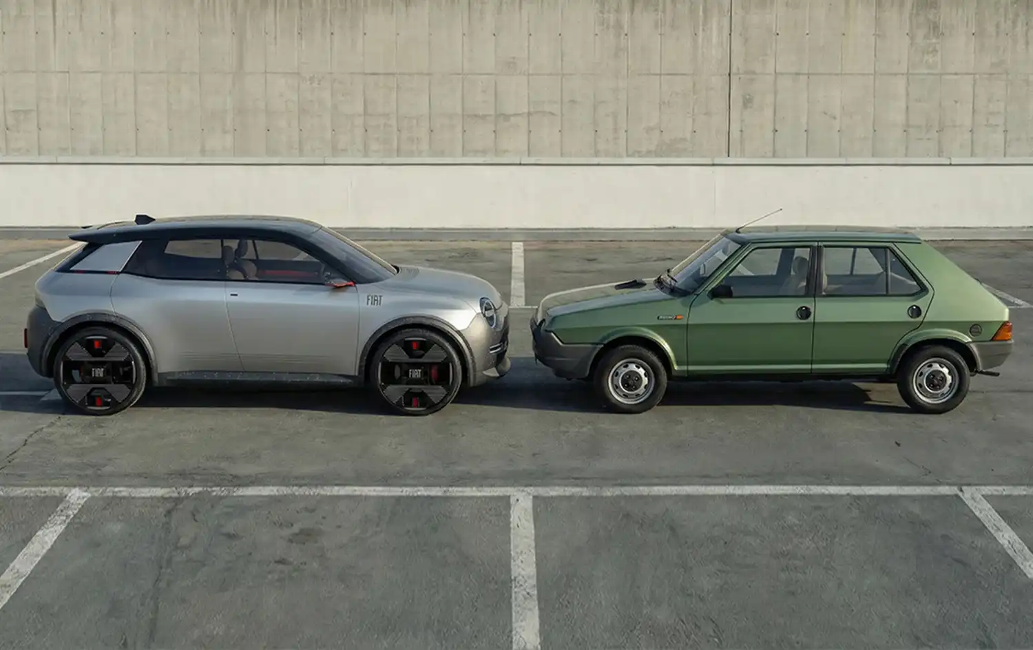 Side-by-side profile view of 1978 Fiat Ritmo and modern Barone redesign