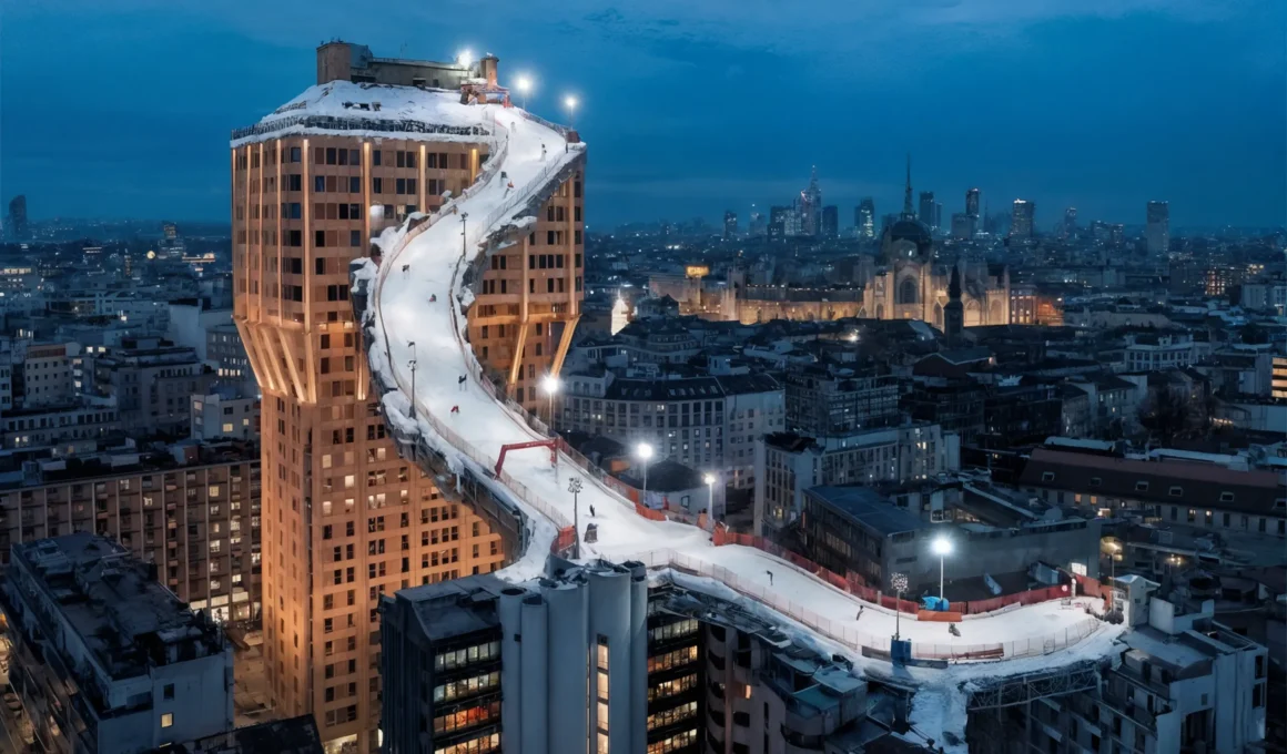 AI-generated ski slope integrated into Milan's Torre Velasca.