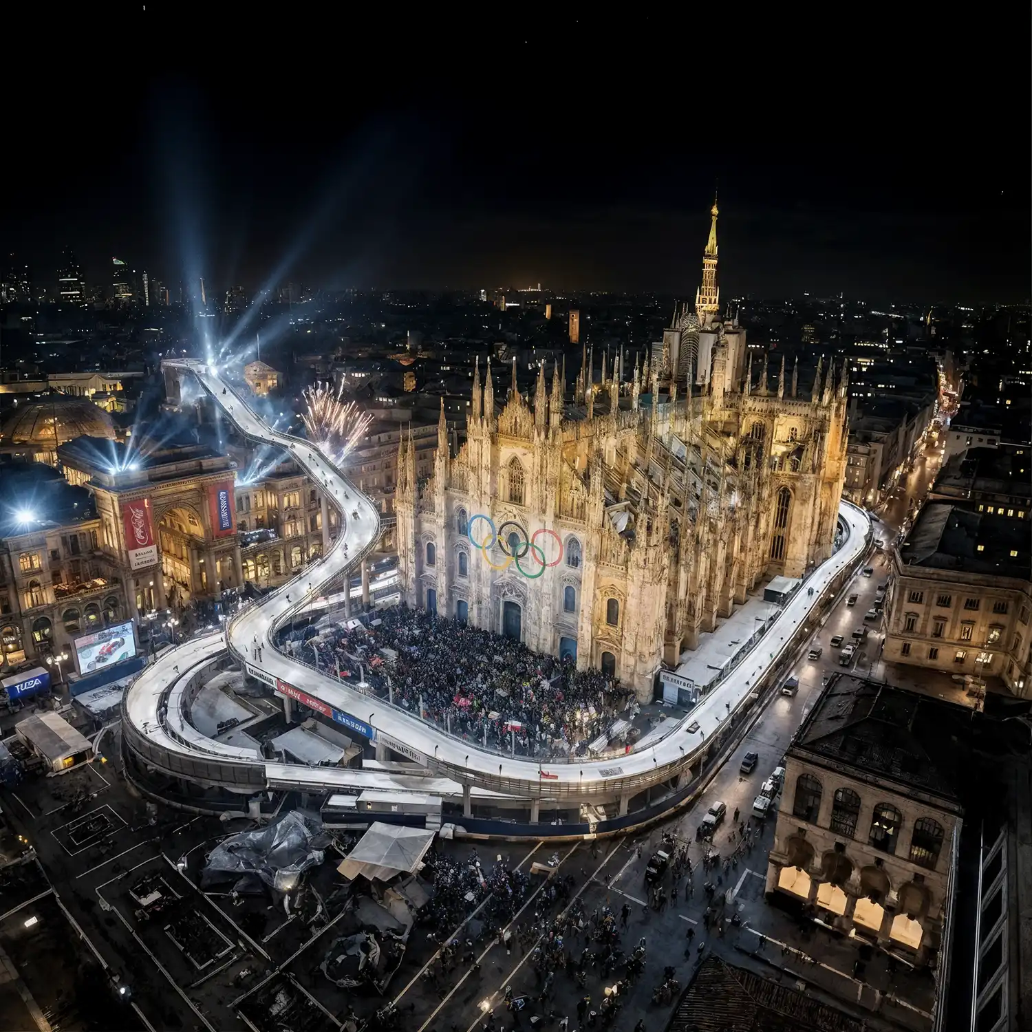 Futuristic Olympic bobsled track encircling the Duomo di Milano.