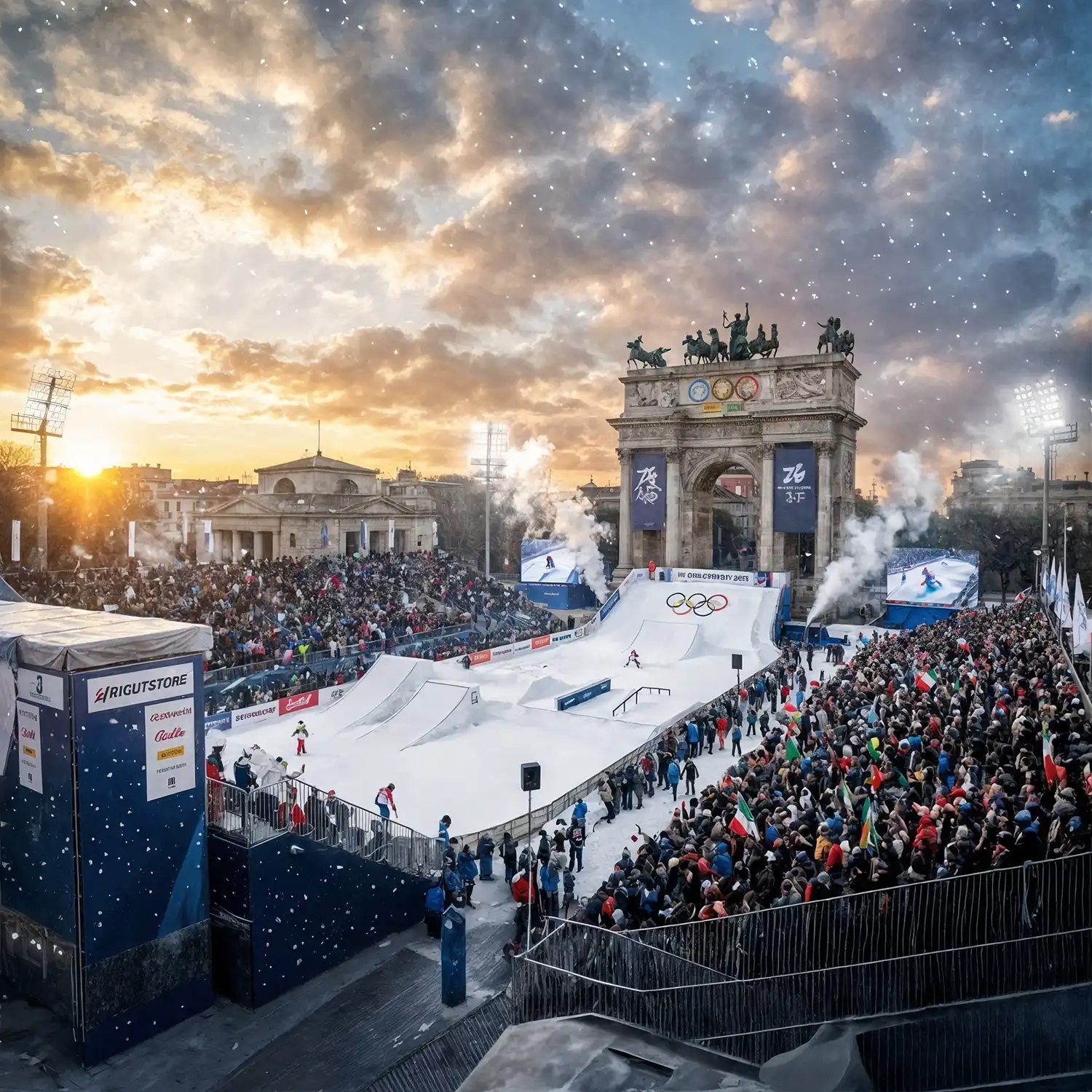 Olympic snowboard ramp and snowpark at Arco della Pace, Milan.
