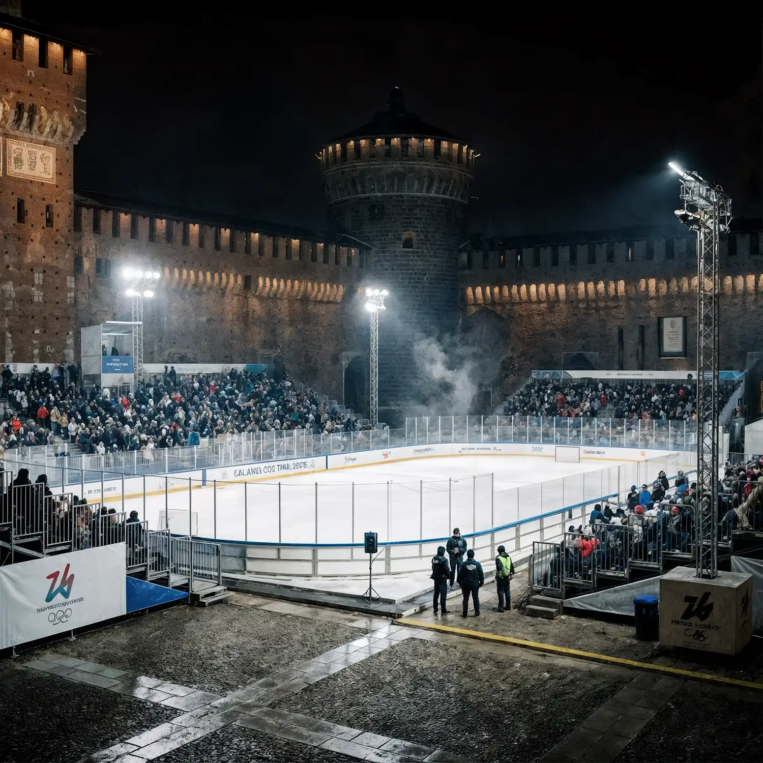 Outdoor Olympic hockey rink inside the courtyard of Castello Sforzesco.