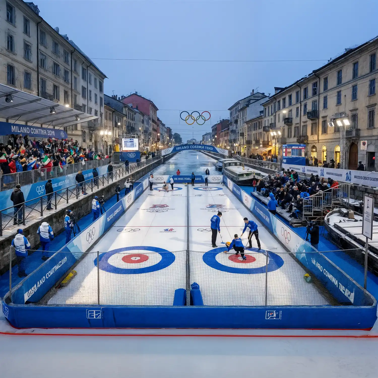 Olympic curling sheets installed on the frozen Naviglio Grande canal.