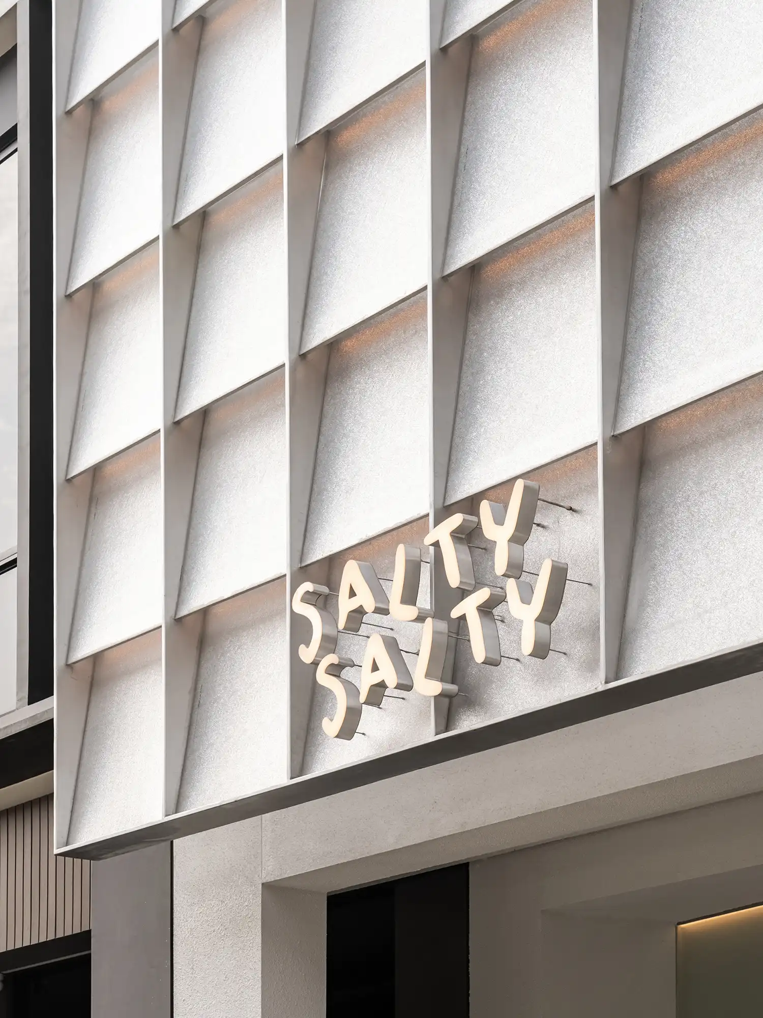 Close-up of the "SALTY SALTY" neon sign on a translucent white grid facade.