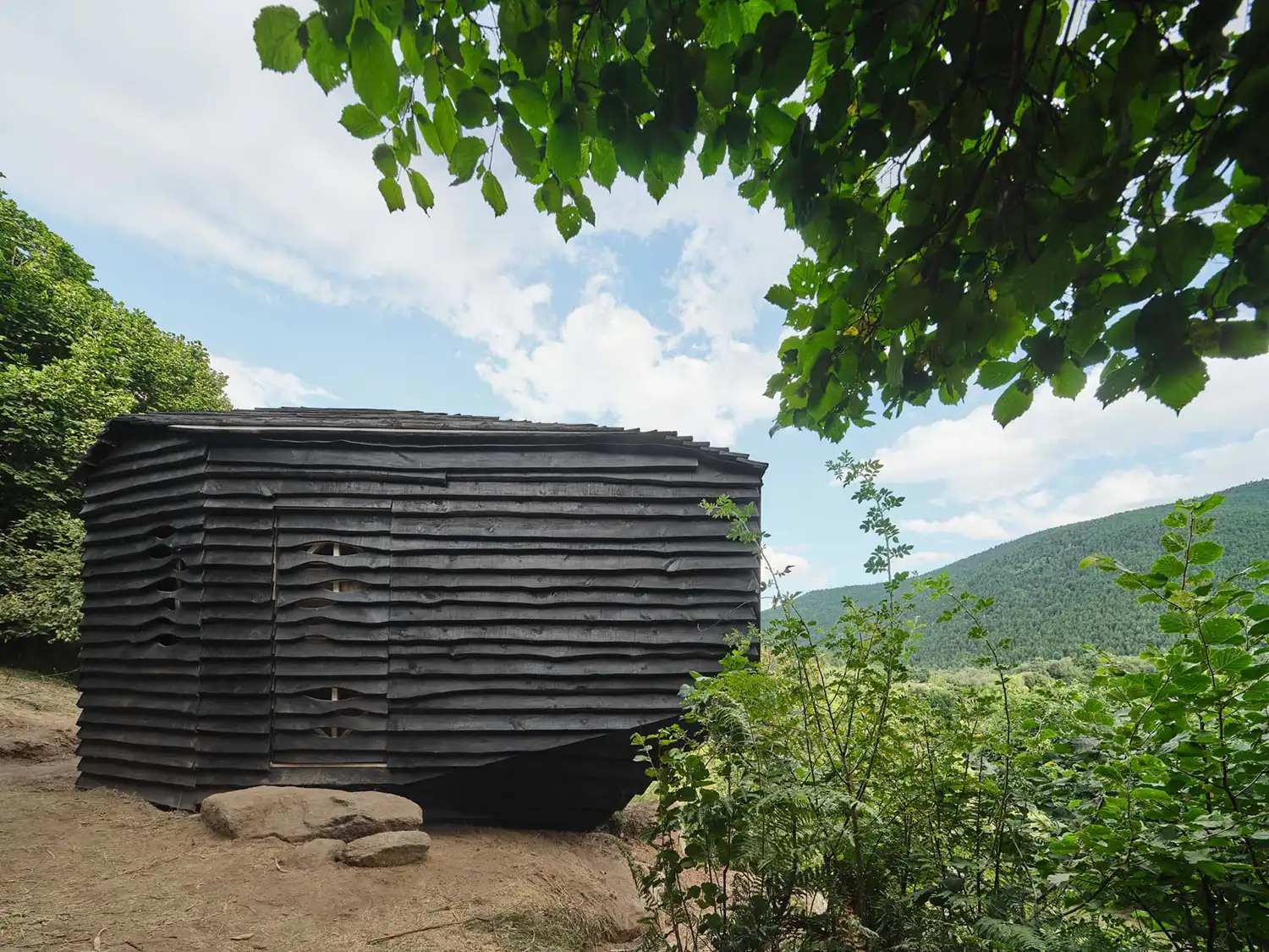 Forestone cabin side profile Shou Sugi Ban cladding forest