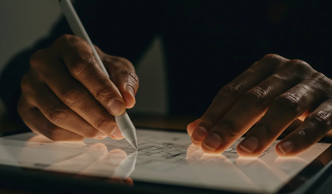 Close-up of an architect using a digital stylus on a tablet to develop integrated project planning and structural engineering layouts.