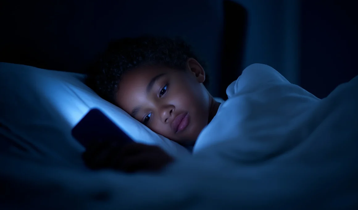 A child using a smartphone in bed at night, illustrating the impact of irregular bedtimes and excessive screen time on mental health.