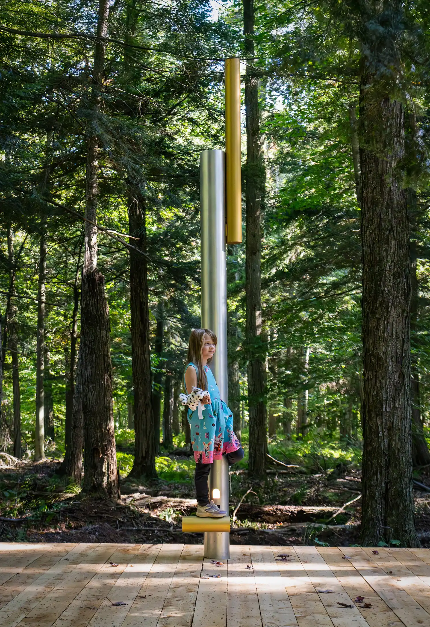 A young girl standing on a small yellow perch attached to a tall silver pole, looking out into the sun-dappled forest.
