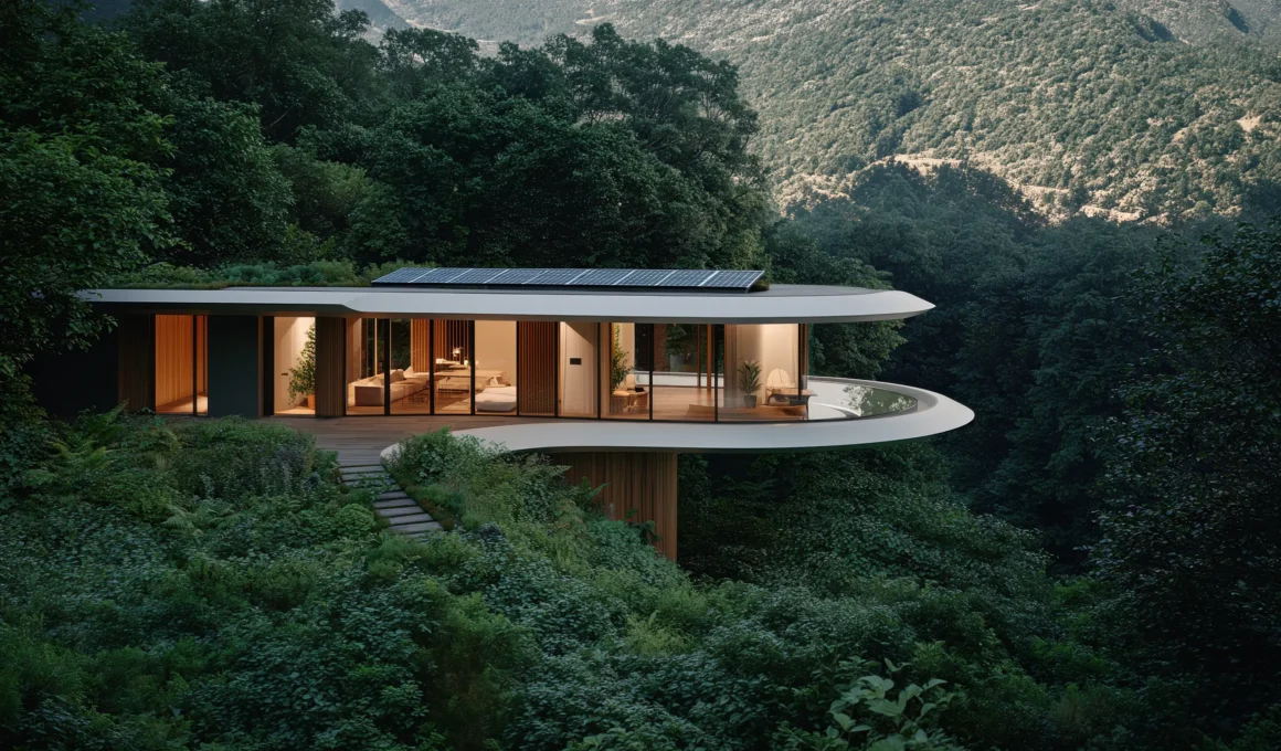 Modern cantilevered luxury villa with solar panels in Bali forest, demonstrating sustainable property investment and bioclimatic architecture.