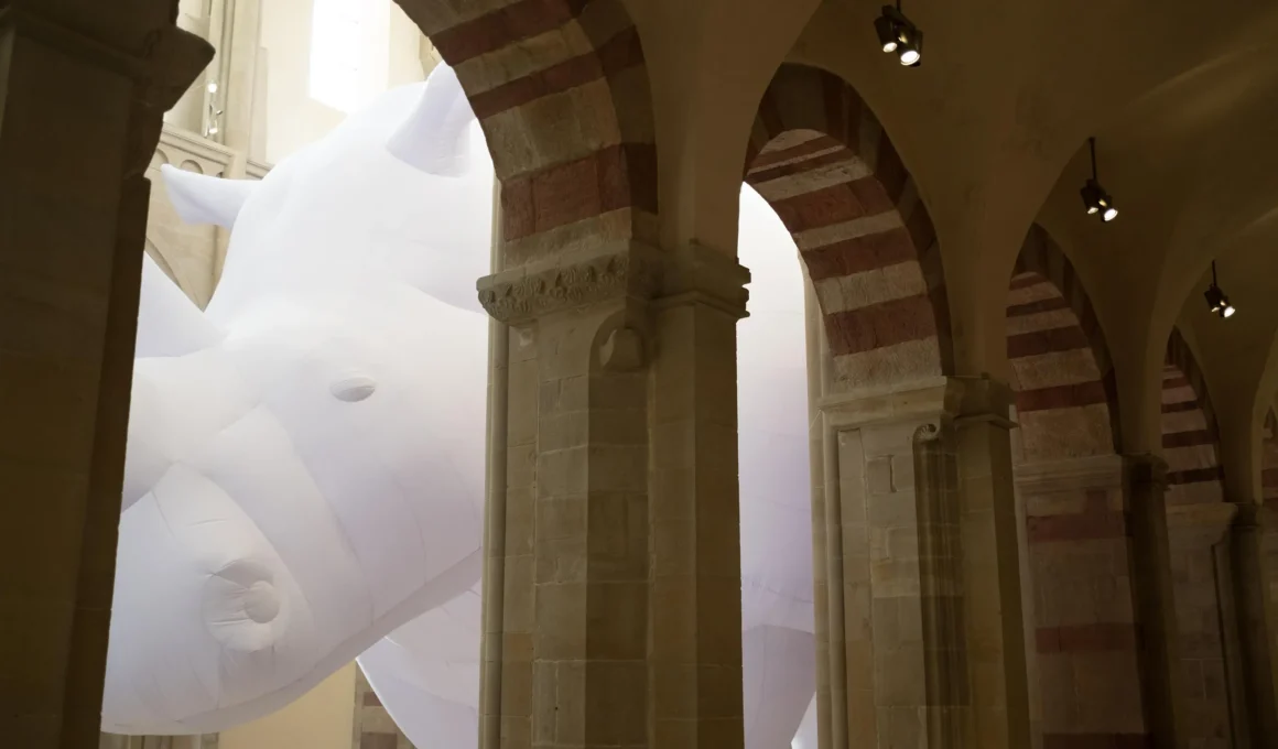 Close-up of Itamar Gov inflatable rhinoceros head through stone arches