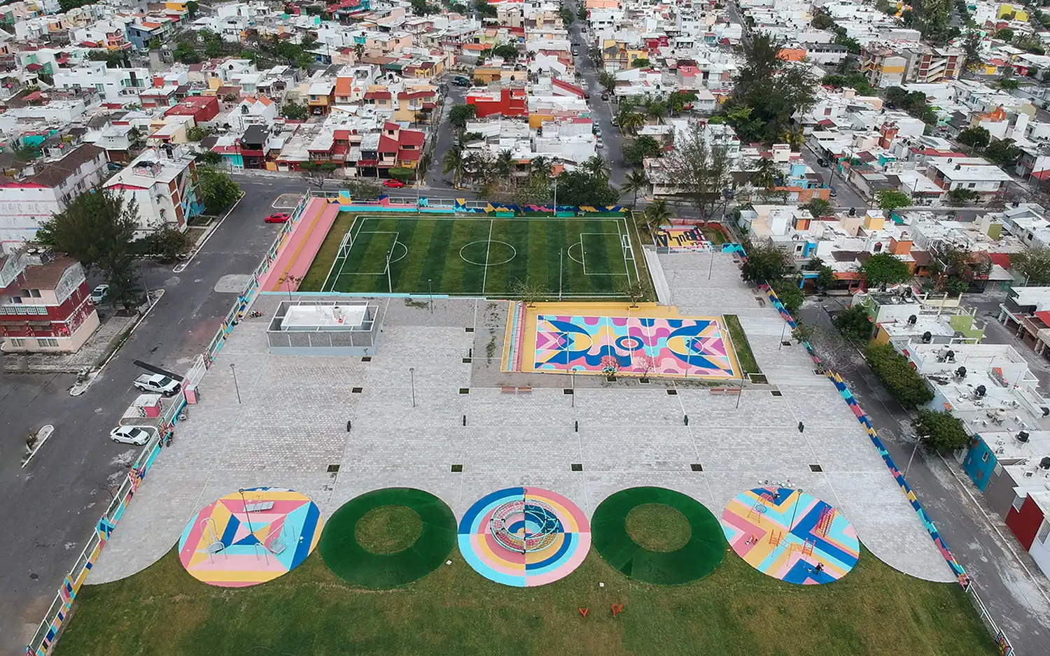 Aerial view of La Bulla urban park and sports complex in Veracruz, Mexico.