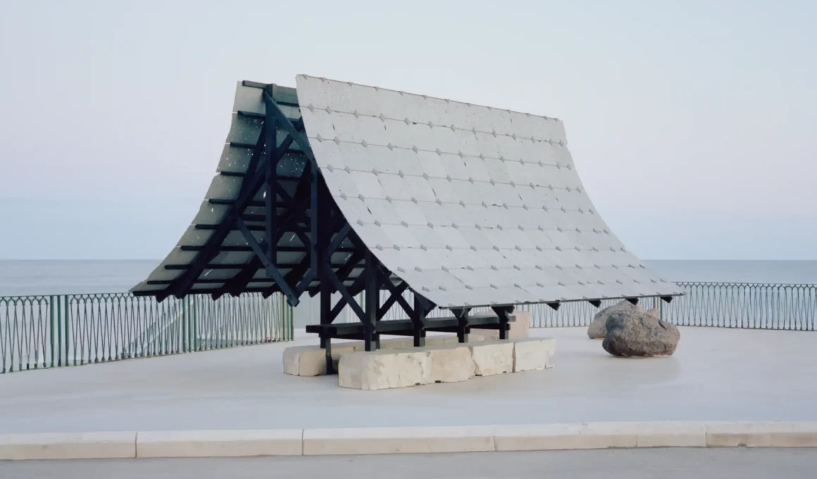 Asympta installation by Leopold Banchini Architects on a waterfront terrace in Syracuse