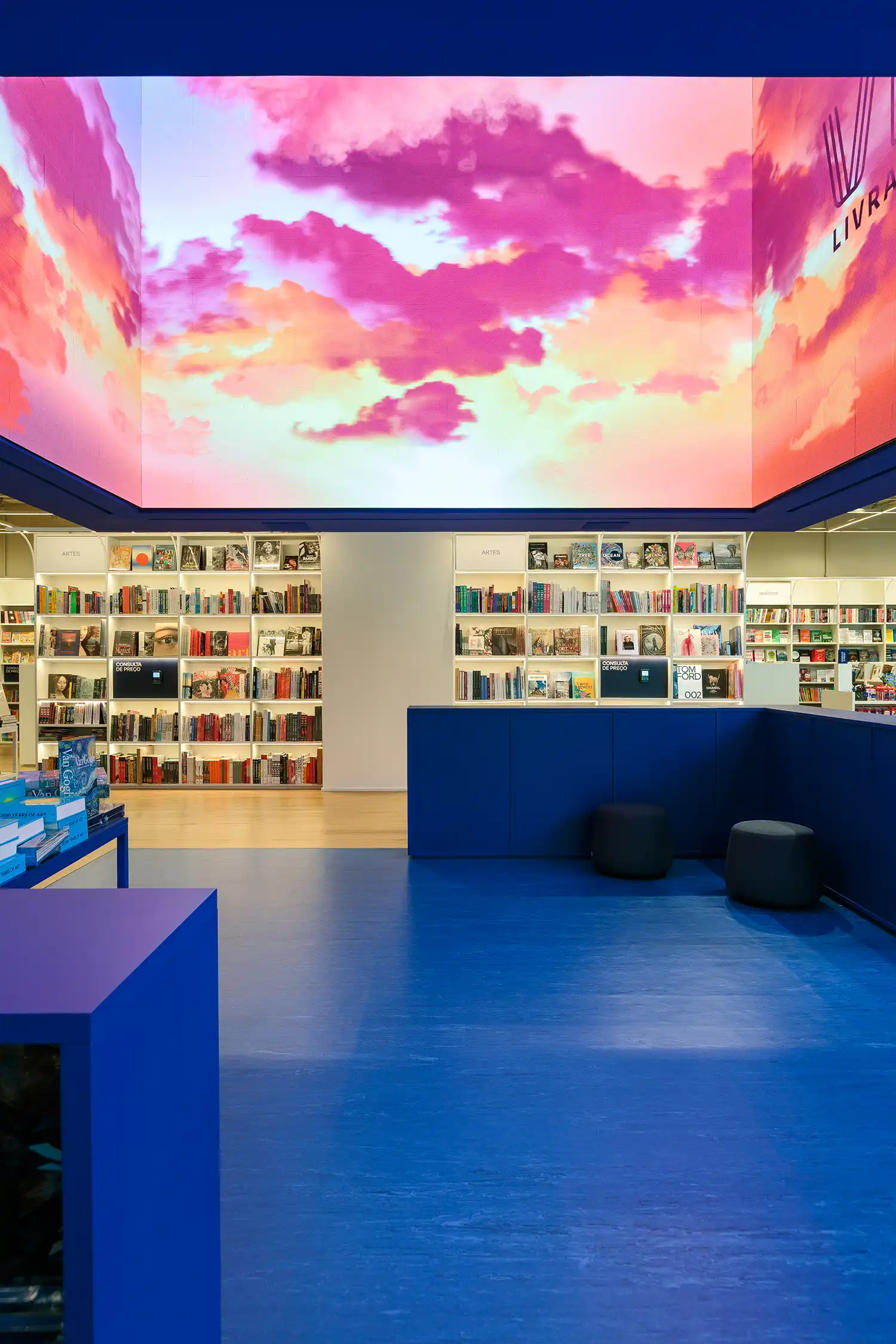 Pink and orange sunset LED display bookstore Brazil